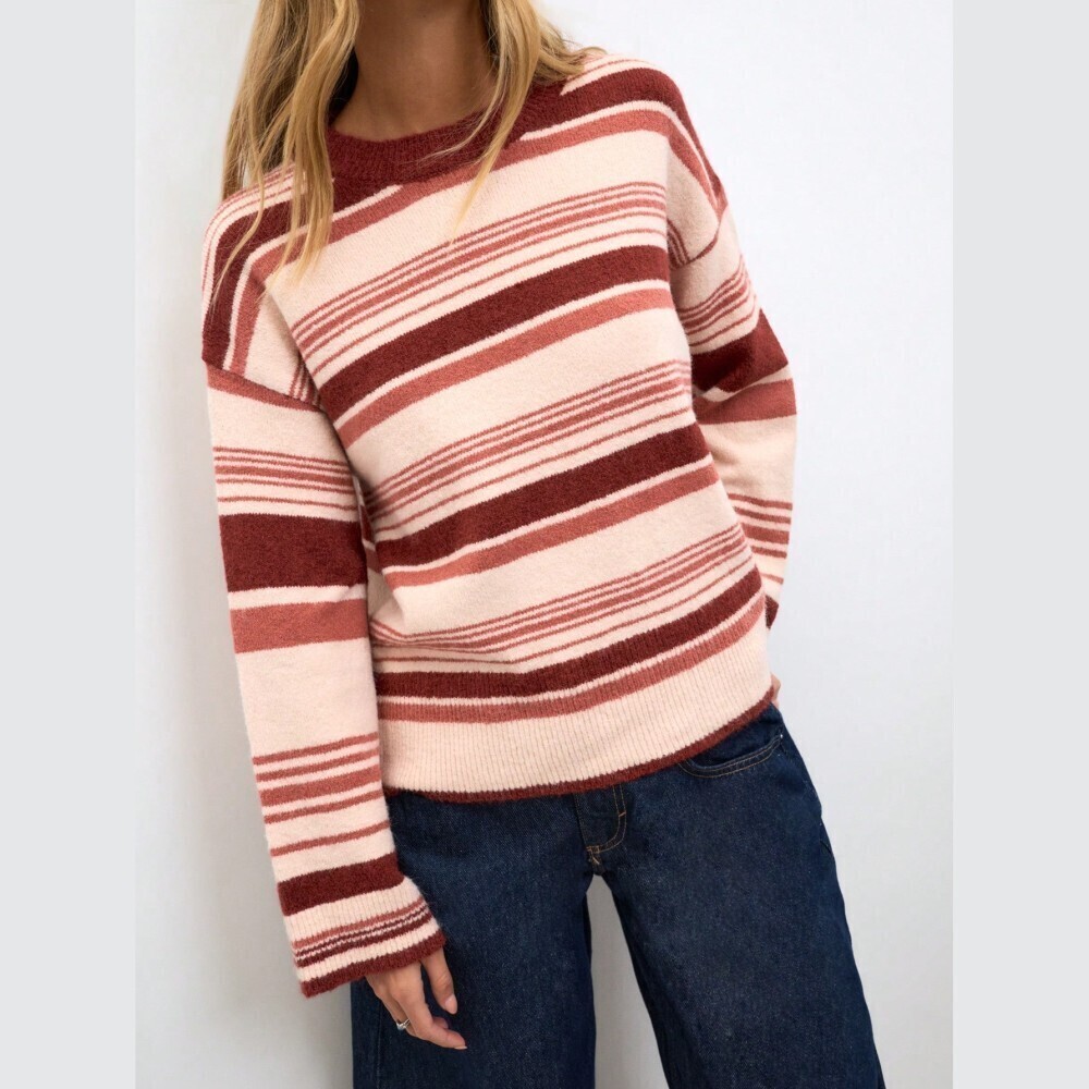 Rust and Cream Striped Crew Neck Knit Sweater